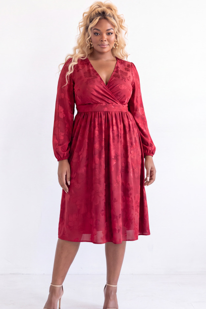 Black Floral Long Sleeve V Neck Midi Plus Size Dress