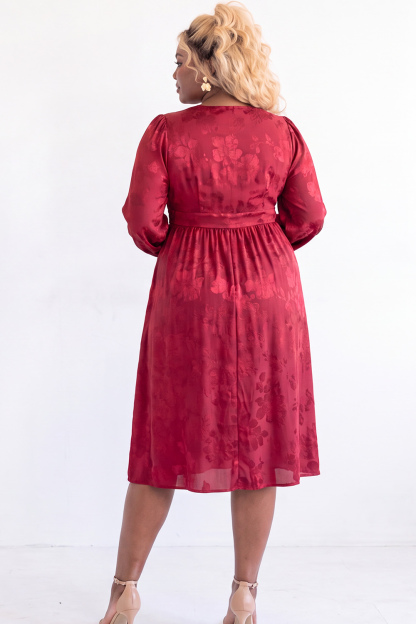 Black Floral Long Sleeve V Neck Midi Plus Size Dress