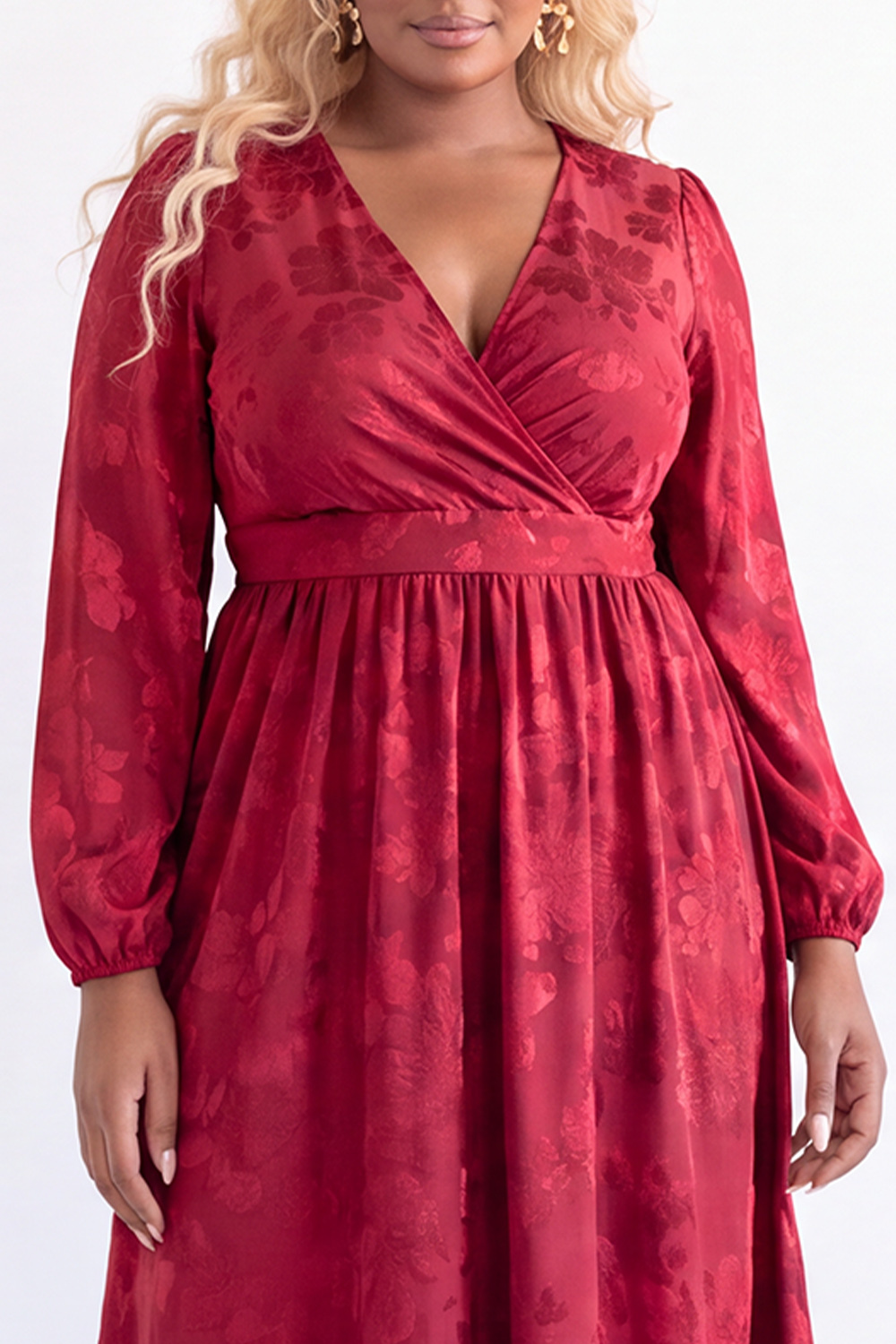 Black Floral Long Sleeve V Neck Midi Plus Size Dress