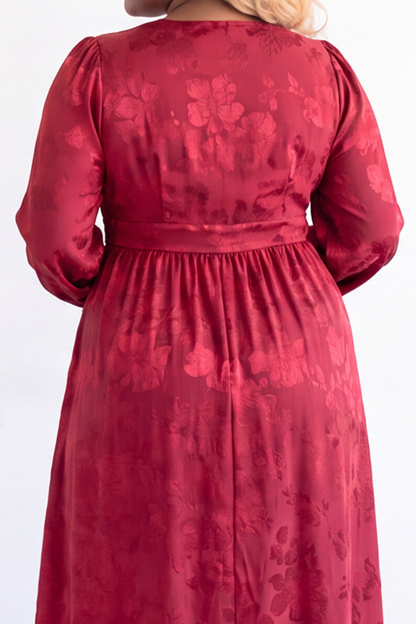 Black Floral Long Sleeve V Neck Midi Plus Size Dress
