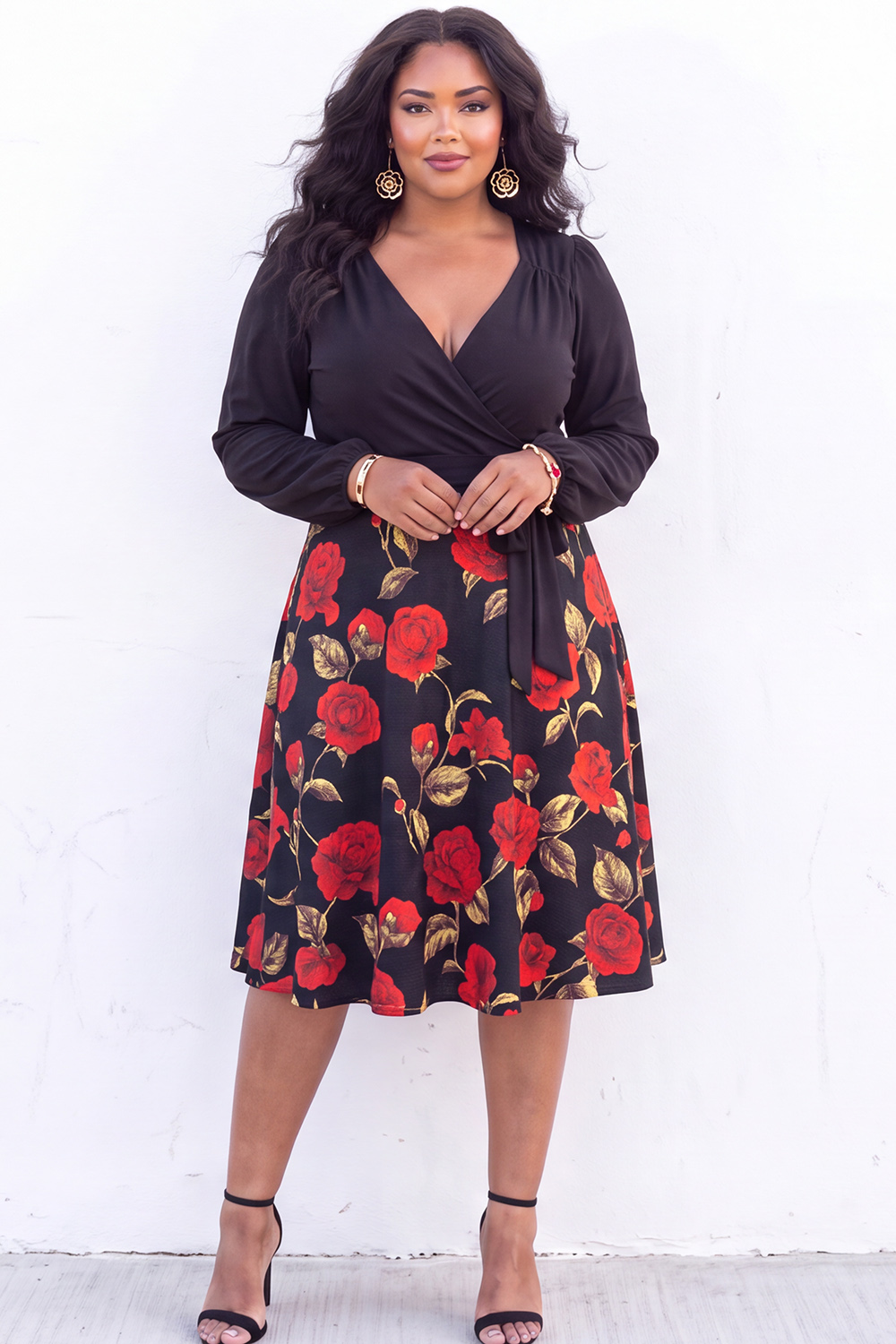 A Line White Red Flower Long Sleeve Plus Size Midi Dress