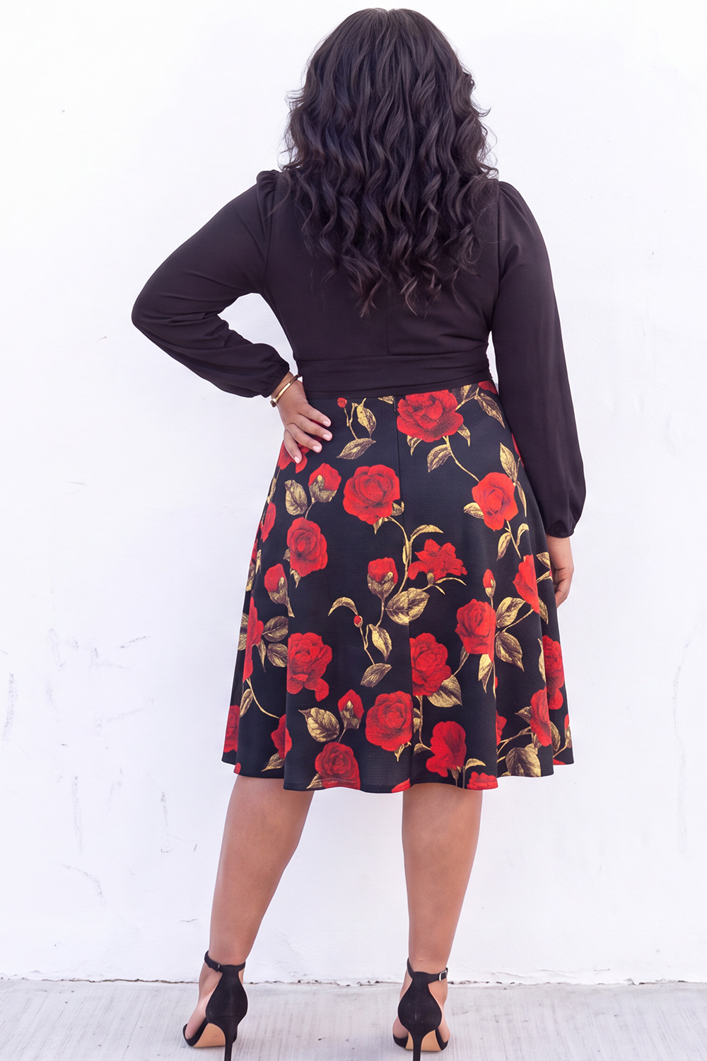 A Line White Red Flower Long Sleeve Plus Size Midi Dress