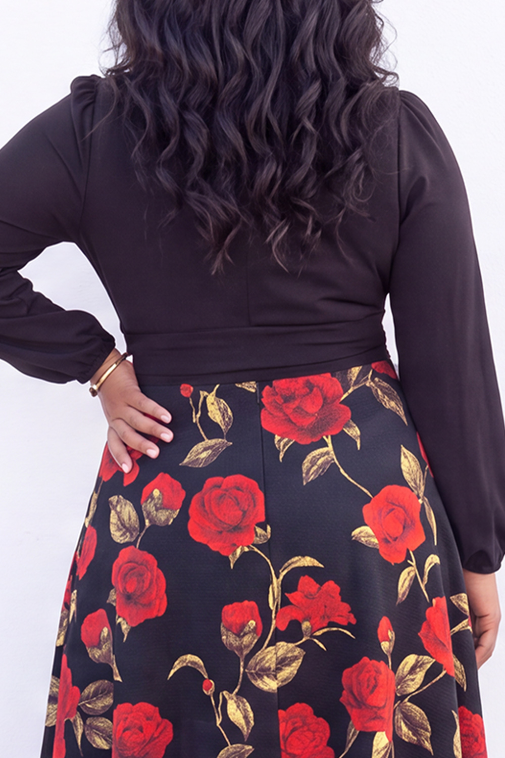 A Line White Red Flower Long Sleeve Plus Size Midi Dress
