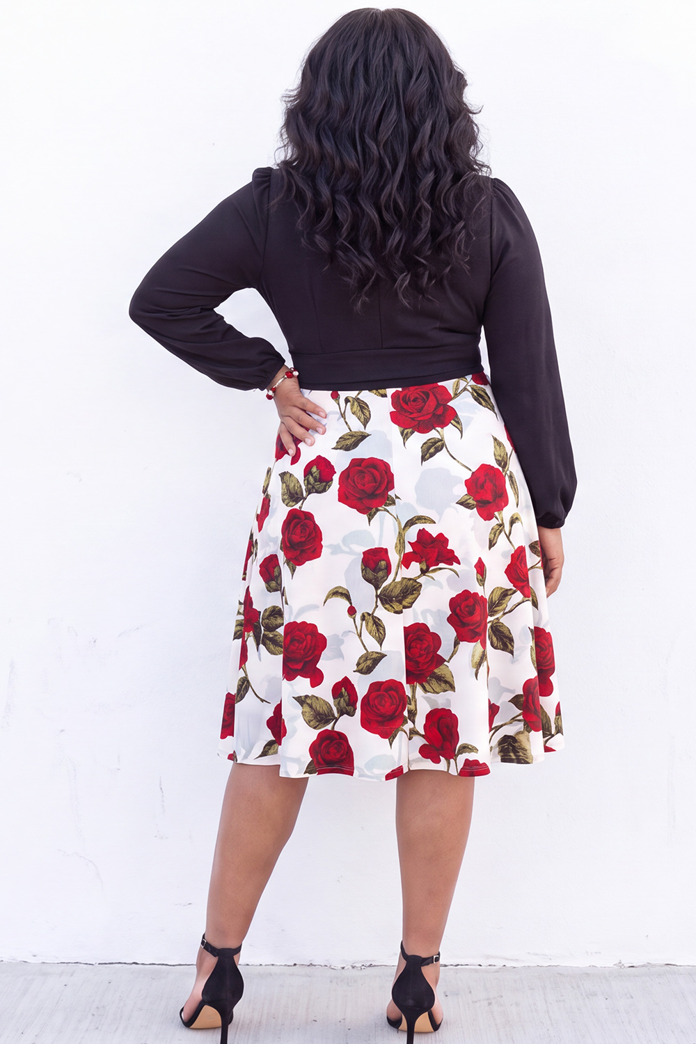 A Line White Red Flower Long Sleeve Plus Size Midi Dress