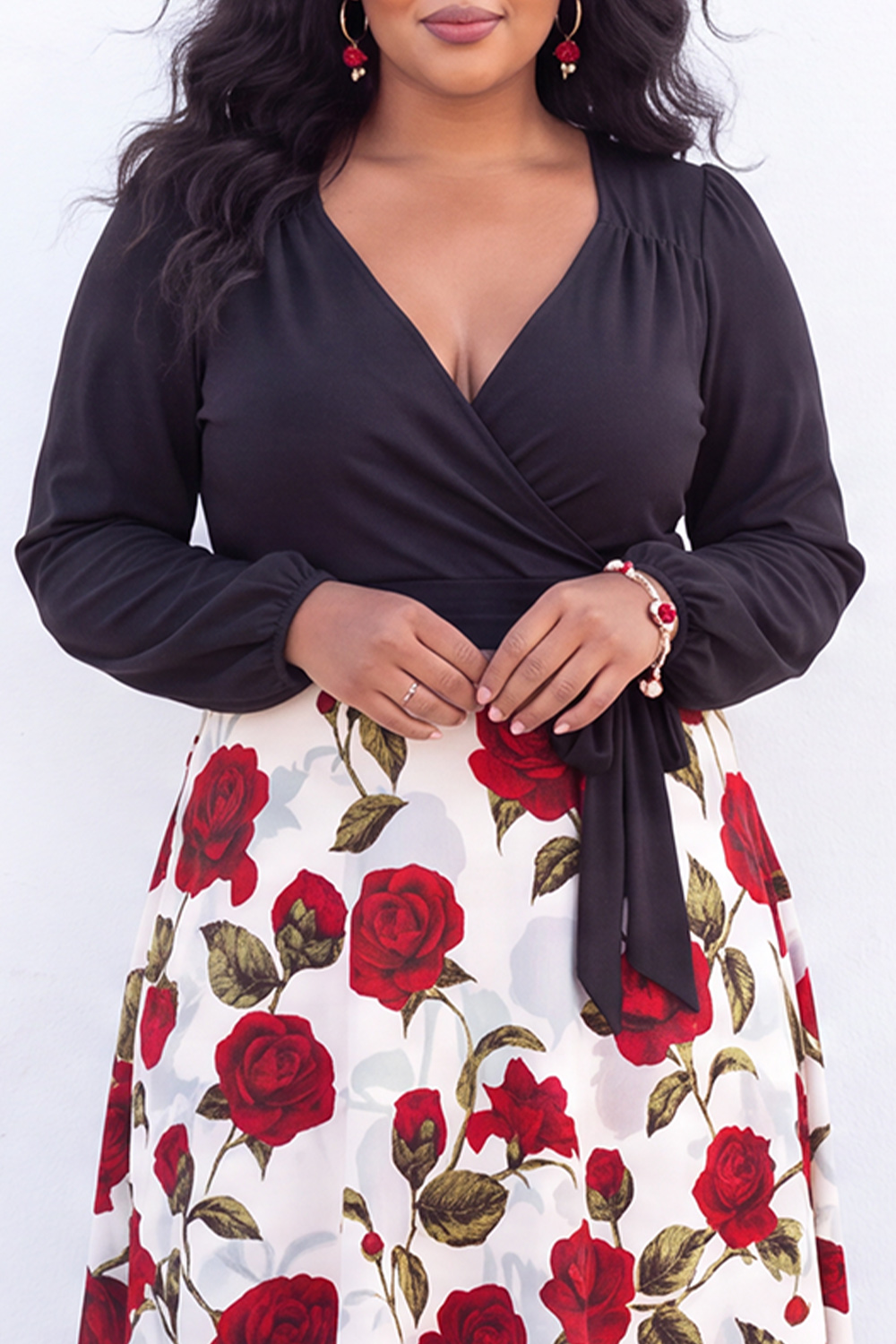 A Line White Red Flower Long Sleeve Plus Size Midi Dress