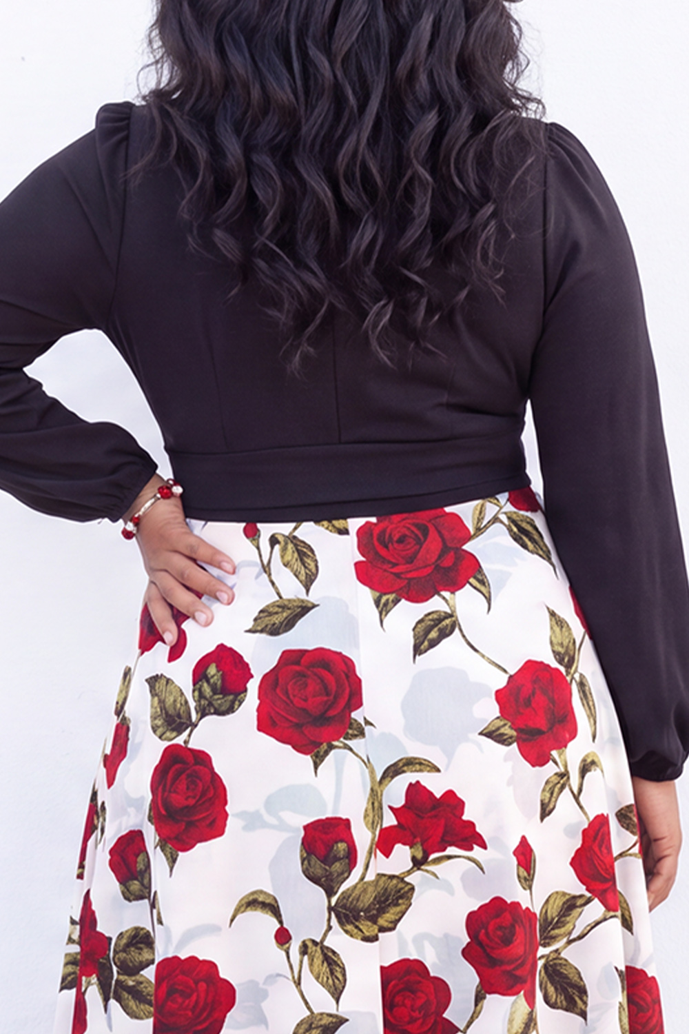 A Line White Red Flower Long Sleeve Plus Size Midi Dress