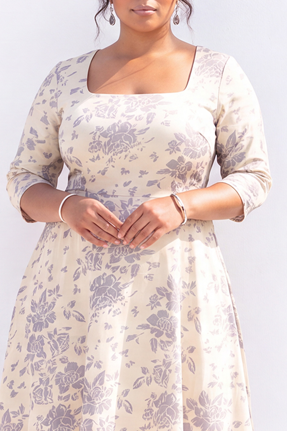 Plus Size Beige Floral A Line Square Neck Midi Dress with 3/4 Sleeves