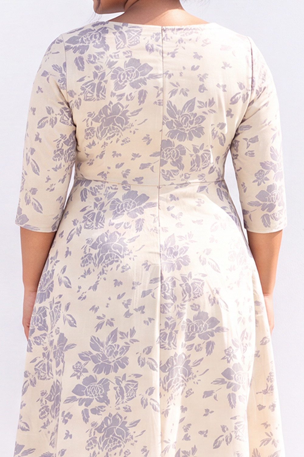 Plus Size Beige Floral A Line Square Neck Midi Dress with 3/4 Sleeves
