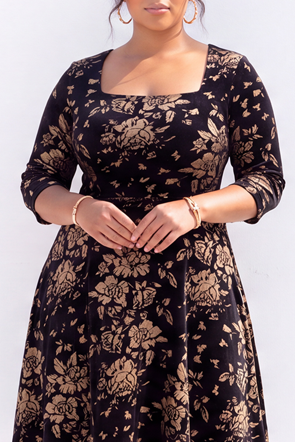 Plus Size Beige Floral A Line Square Neck Midi Dress with 3/4 Sleeves