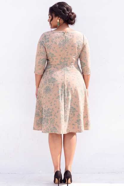 Plus Size Beige Floral A Line Square Neck Midi Dress with 3/4 Sleeves