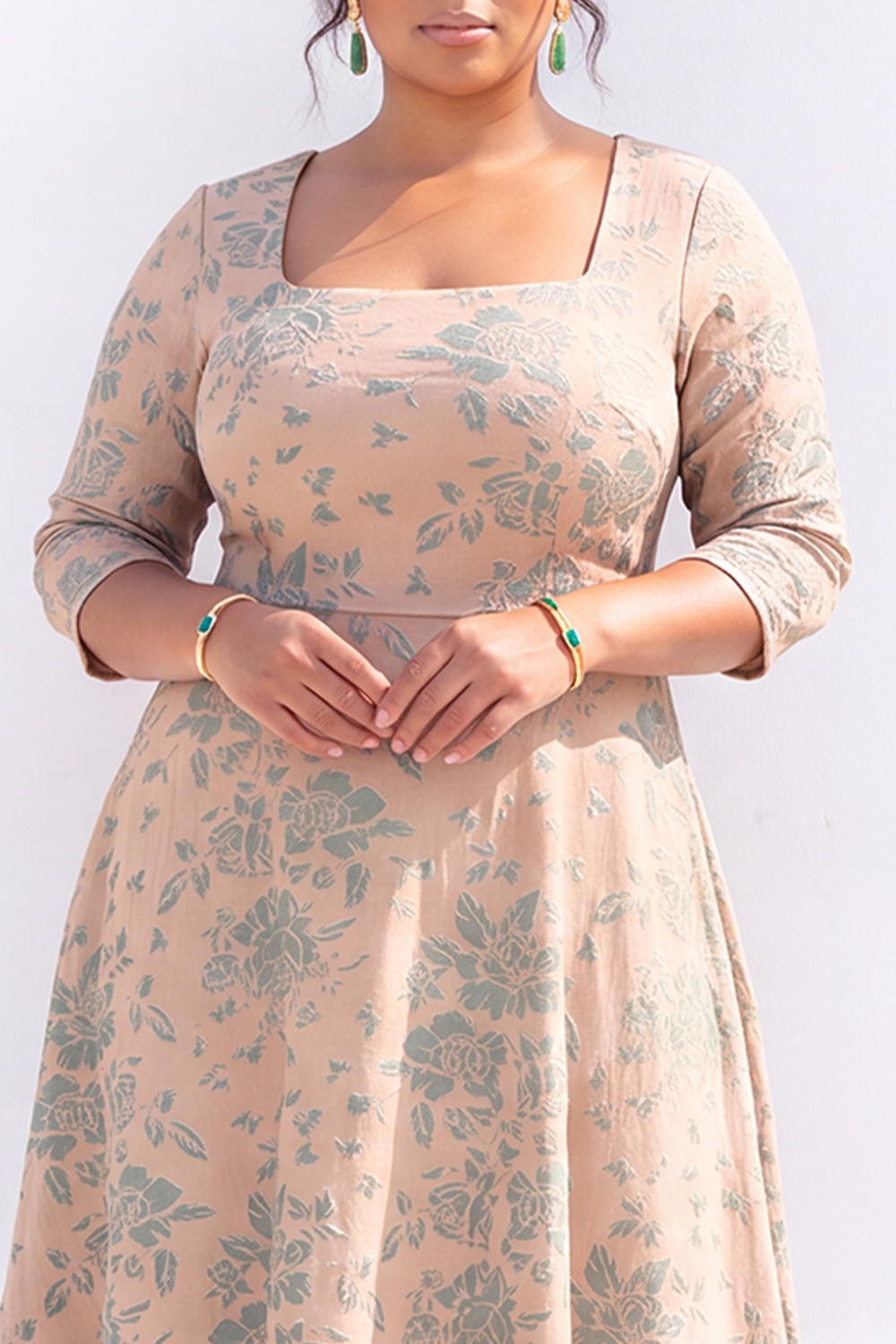 Plus Size Beige Floral A Line Square Neck Midi Dress with 3/4 Sleeves