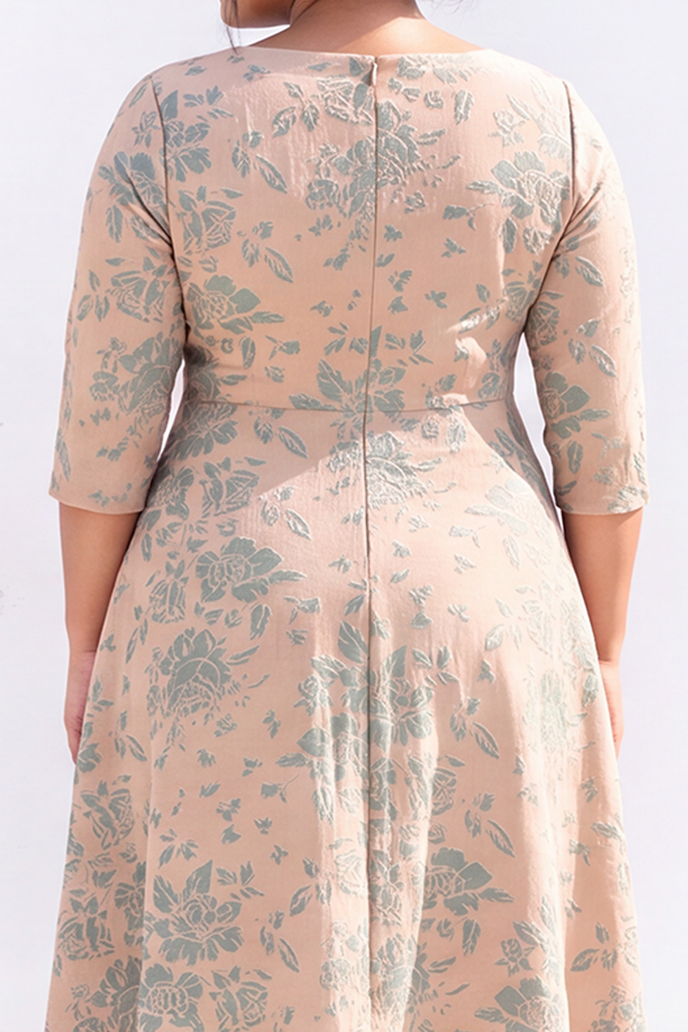 Plus Size Beige Floral A Line Square Neck Midi Dress with 3/4 Sleeves