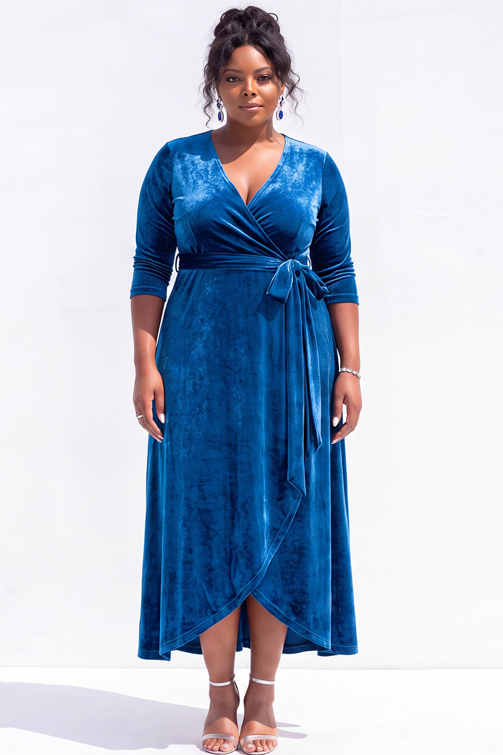 Blue Velvet Midi Plus Size Dress with 3/4 Sleeves