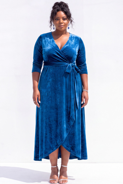 Dressself Women Blue Plus Size Midi Dress Velvet A Line V Neck Formal Dress with 3/4 Sleeves