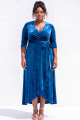 Blue Velvet Plus Size Midi Wedding Guest Dress with Self-Tie Sash