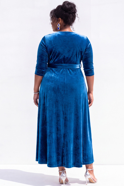 Blue Velvet Midi Plus Size Dress with 3/4 Sleeves