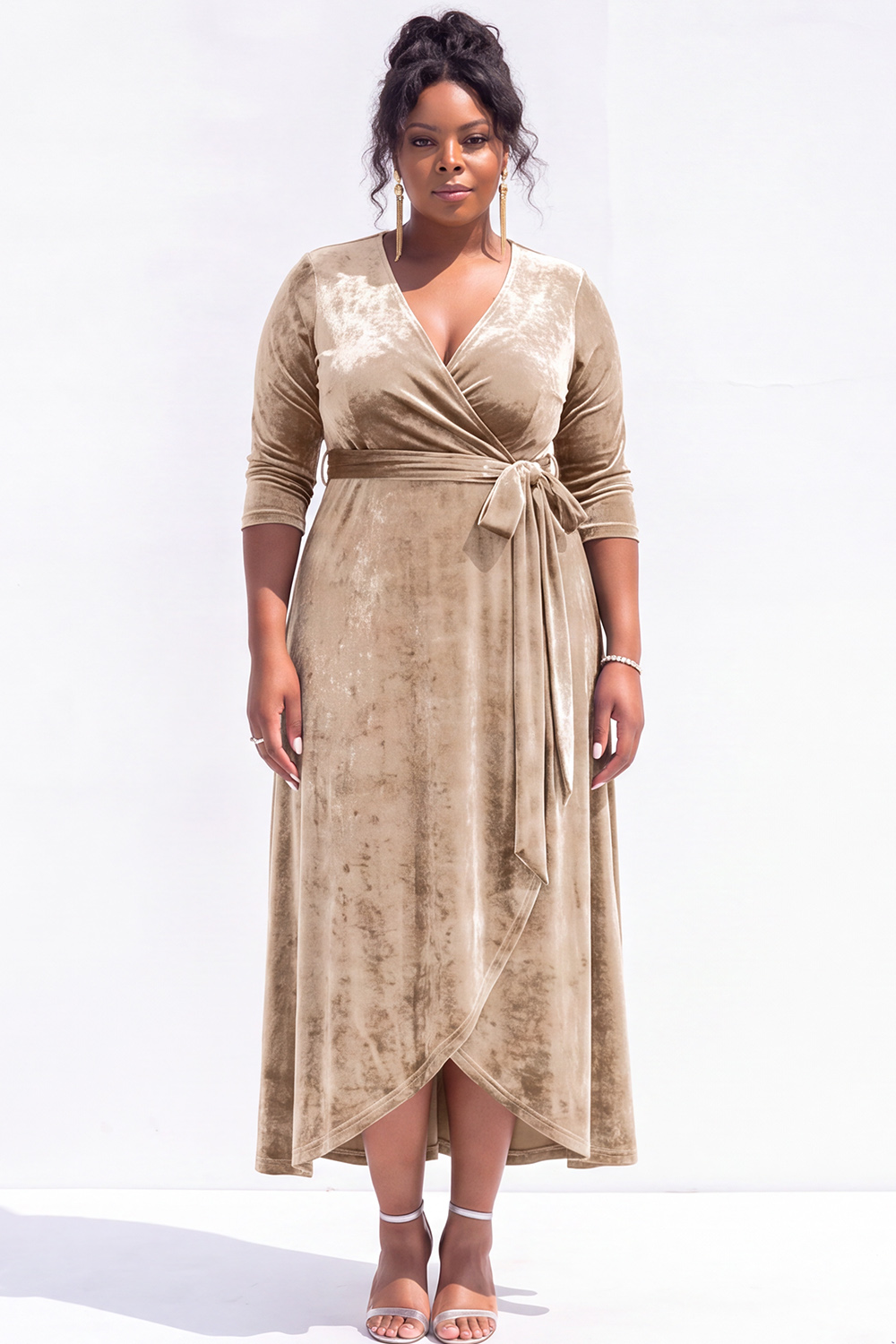 Blue Velvet Midi Plus Size Dress with 3/4 Sleeves