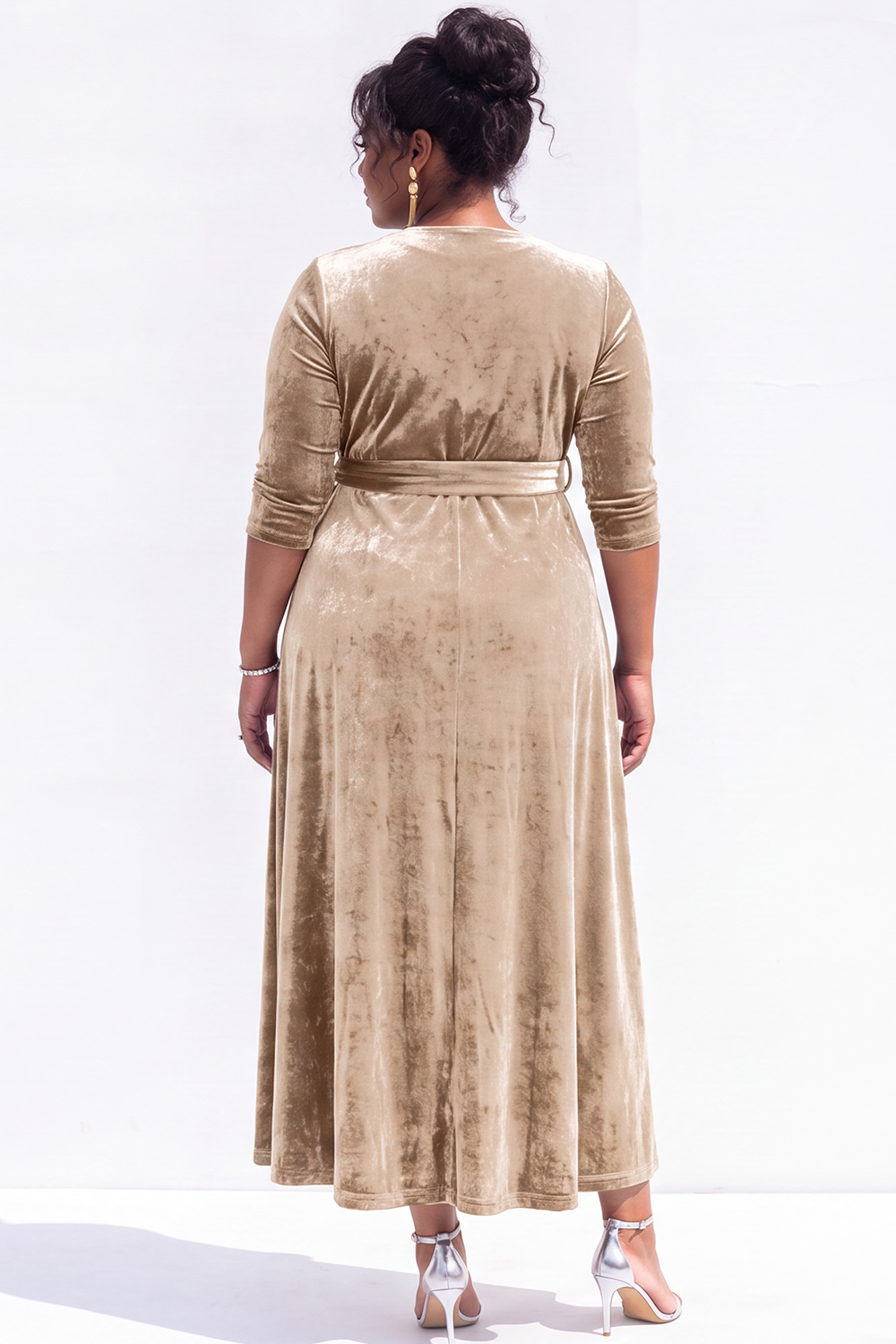 Blue Velvet Midi Plus Size Dress with 3/4 Sleeves