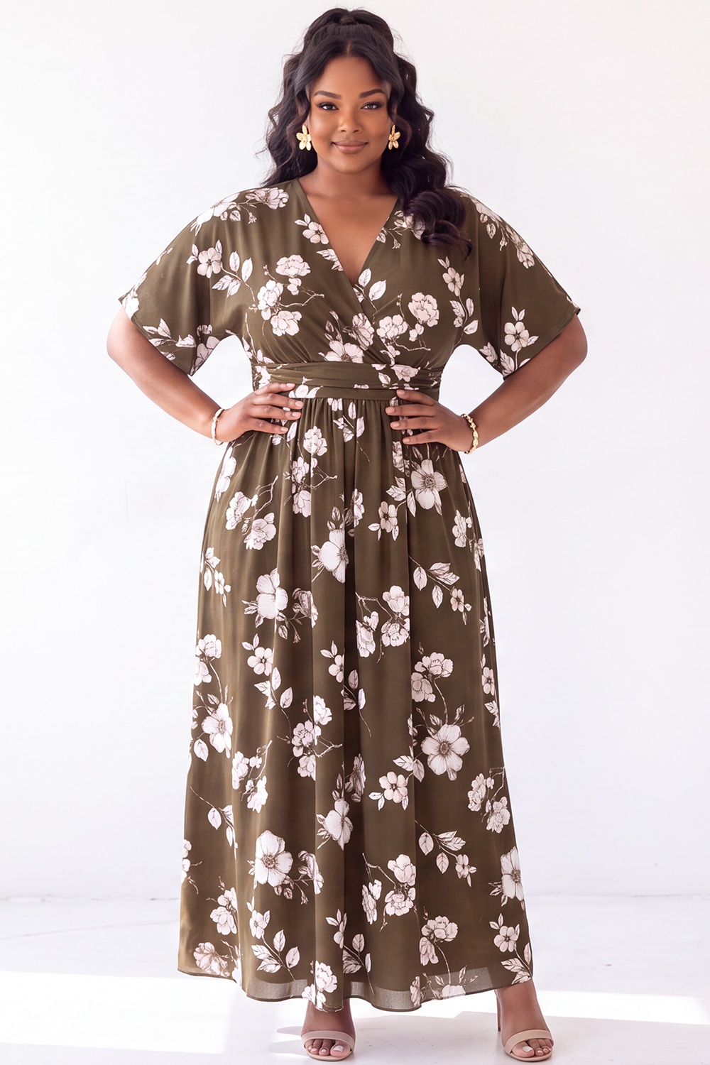 Brown White Floral A Line V Neck Plus Size Wedding Guest Dress
