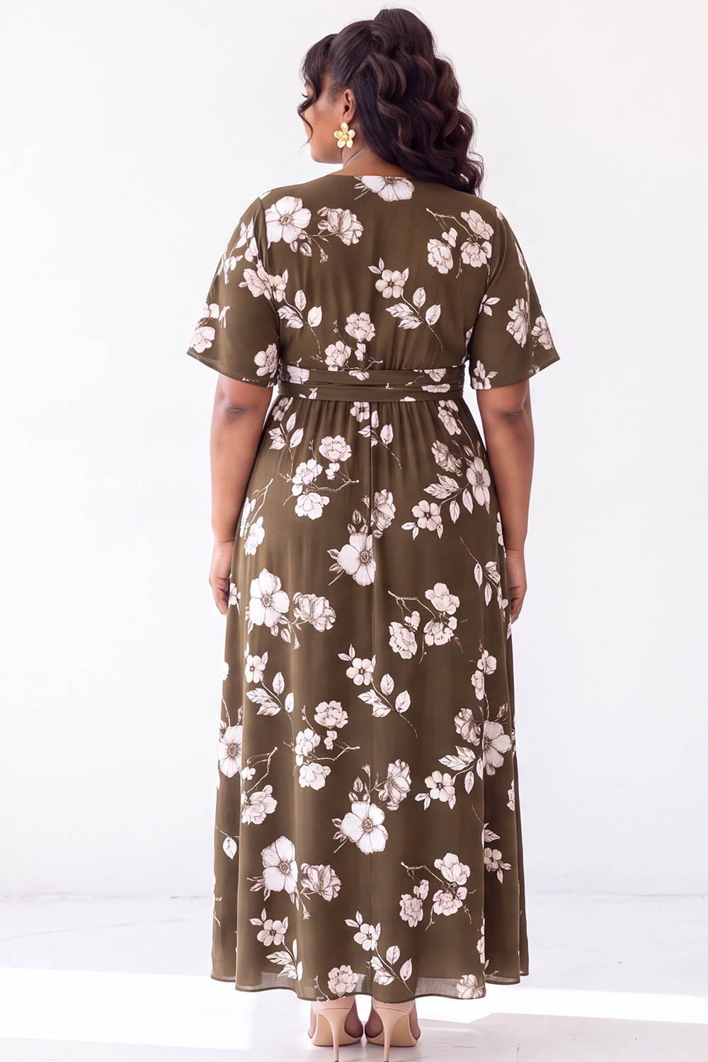 Brown White Floral A Line V Neck Plus Size Wedding Guest Dress