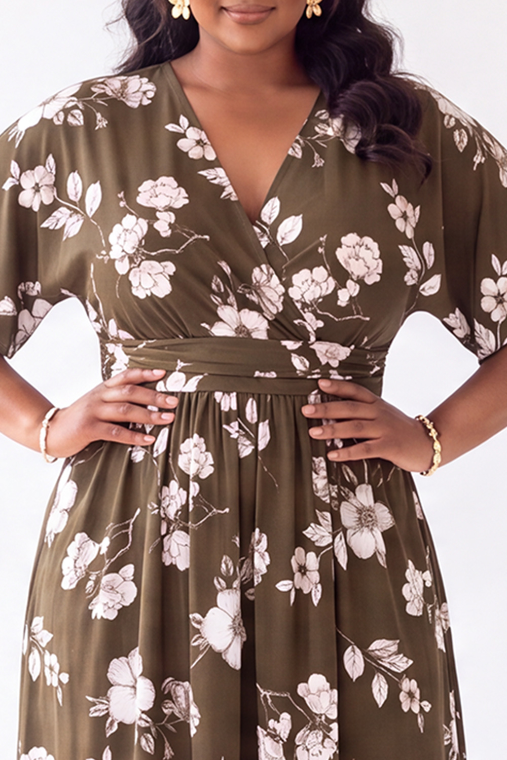 Brown White Floral A Line V Neck Plus Size Wedding Guest Dress