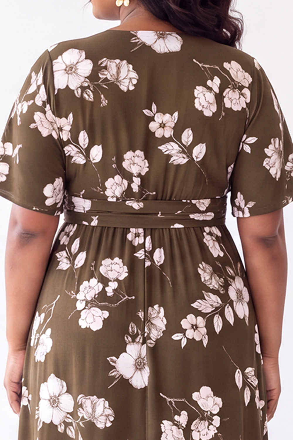 Brown White Floral A Line V Neck Plus Size Wedding Guest Dress