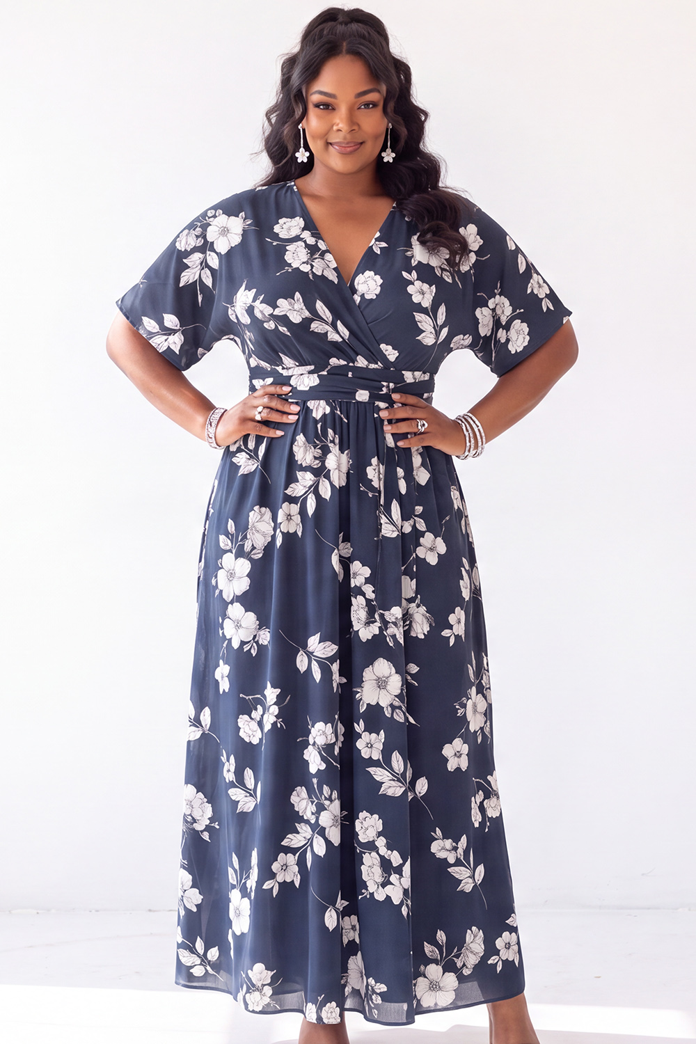 Brown White Floral A Line V Neck Plus Size Wedding Guest Dress