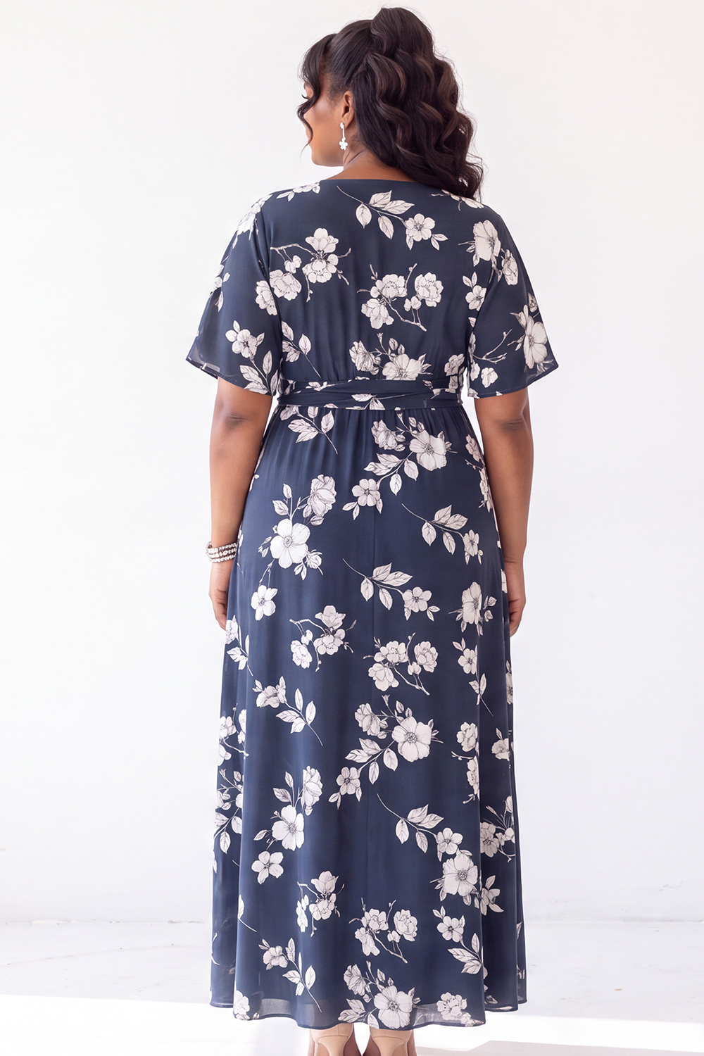 Brown White Floral A Line V Neck Plus Size Wedding Guest Dress