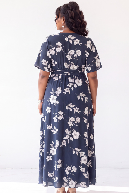 Brown White Floral A Line V Neck Plus Size Wedding Guest Dress