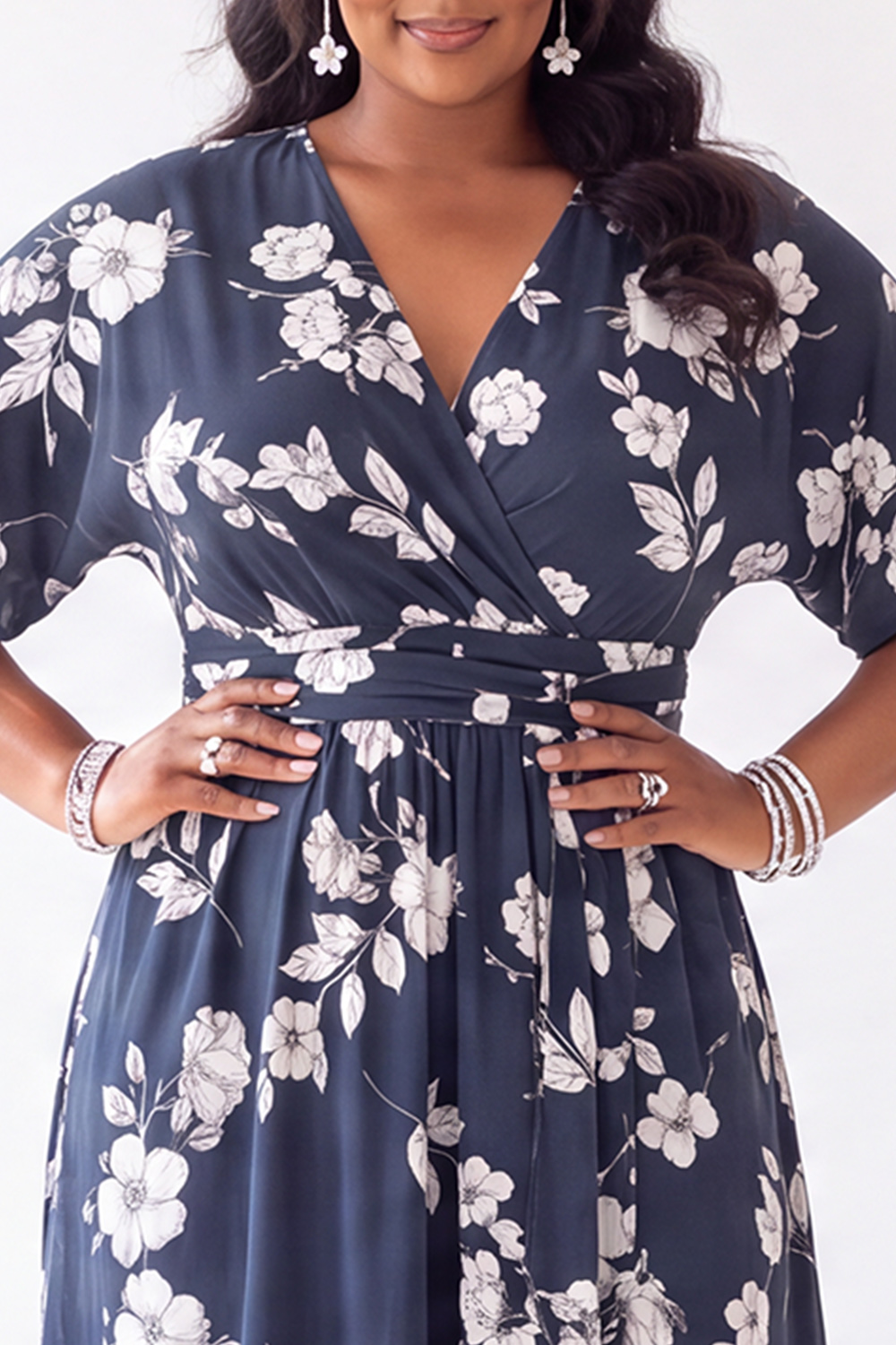 Brown White Floral A Line V Neck Plus Size Wedding Guest Dress