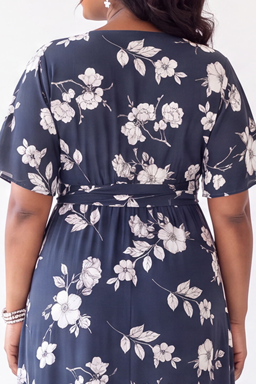 Brown White Floral A Line V Neck Plus Size Wedding Guest Dress