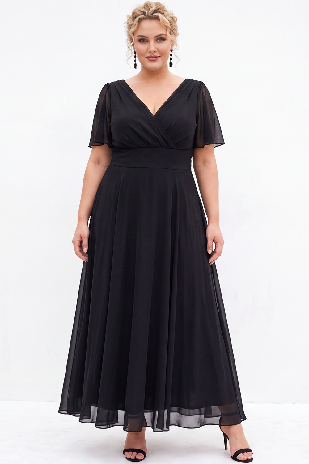 Black A Line V Neck Plus Size Formal Dress