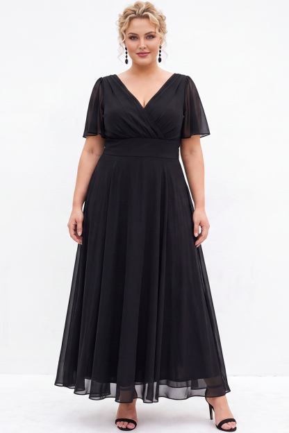 Black A Line V Neck Plus Size Formal Dress