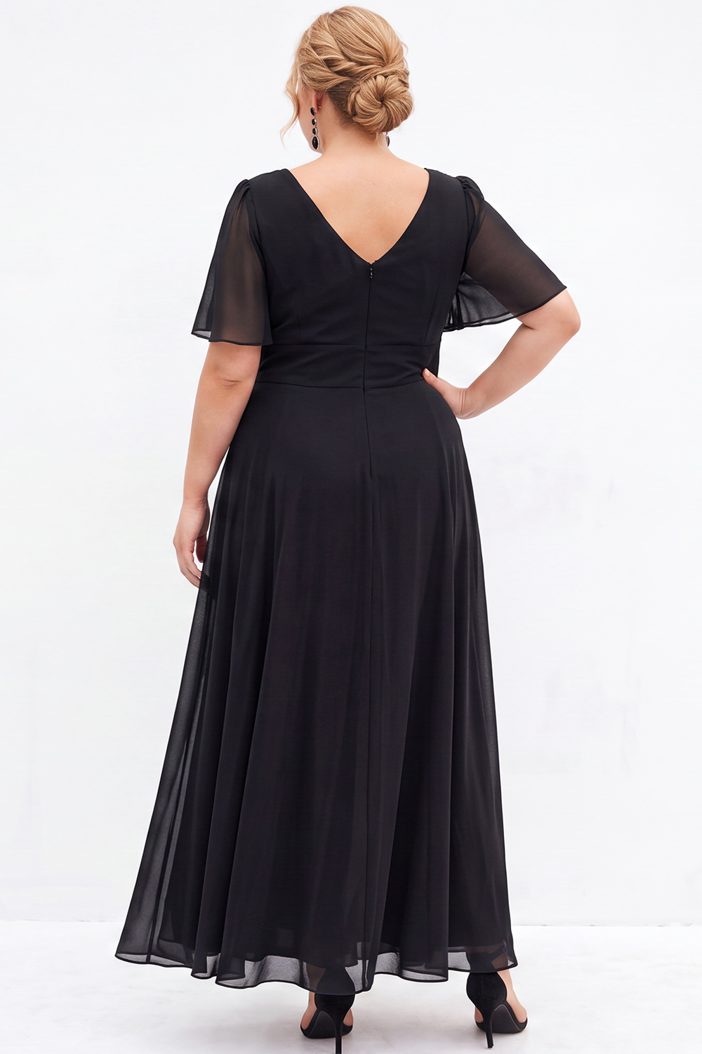 Black A Line V Neck Plus Size Formal Dress