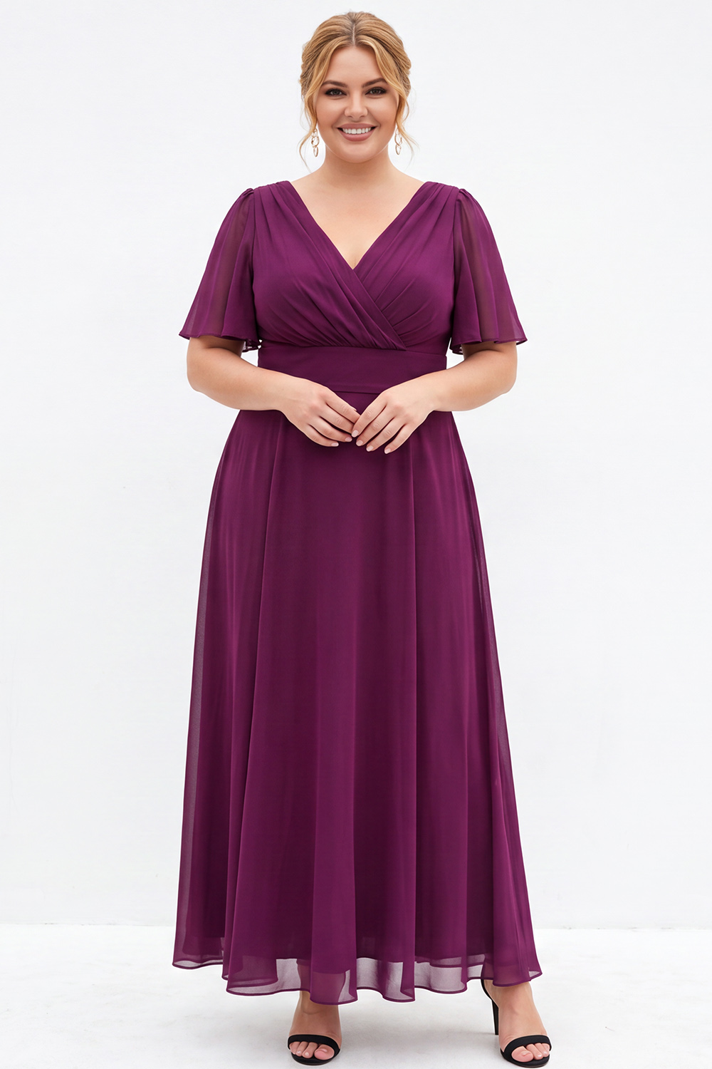 Dressself Women Black Plus Size Formal Dress A Line V Neck Long Evening Dress with Short Sleeves