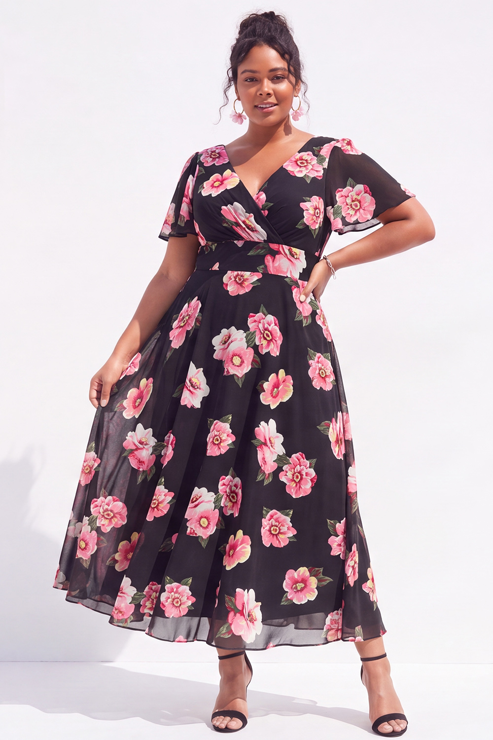 Plus Size Black Pink Flower A Line V Neck Maxi Dress