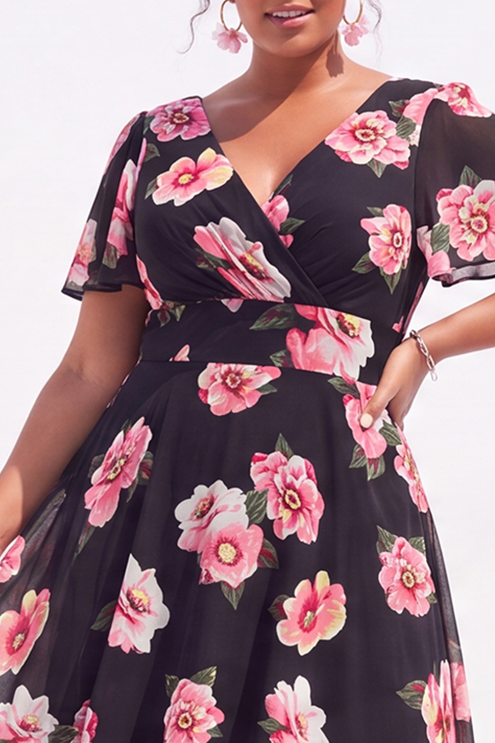 Plus Size Black Pink Flower A Line V Neck Maxi Dress