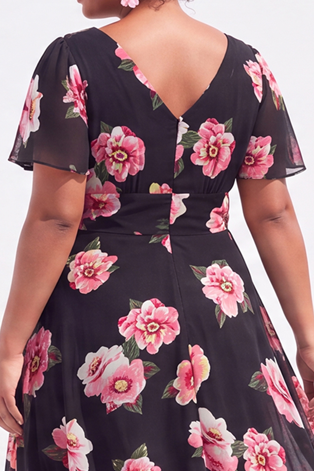 Plus Size Black Pink Flower A Line V Neck Maxi Dress