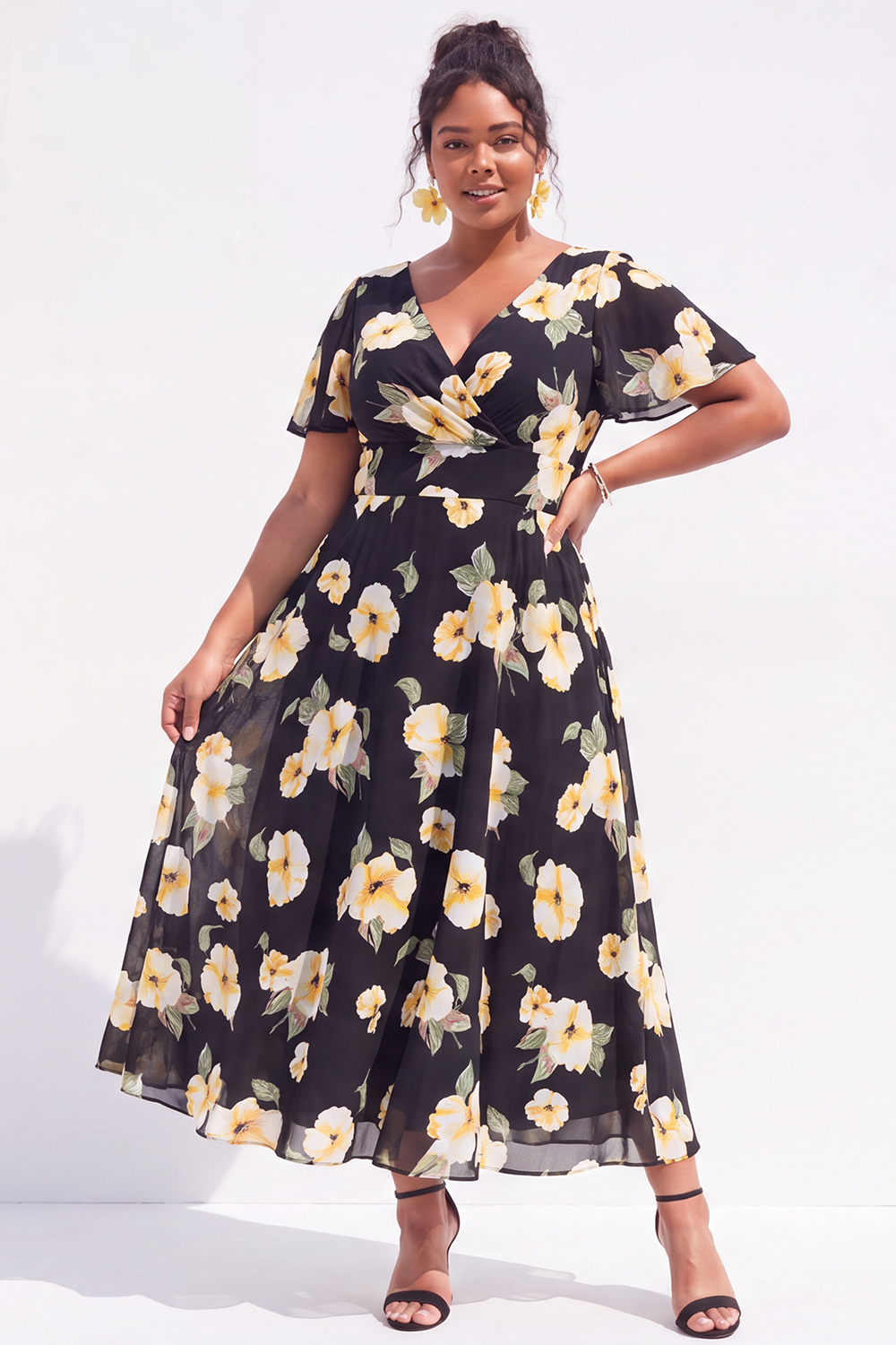 Plus Size Black Pink Flower A Line V Neck Maxi Dress
