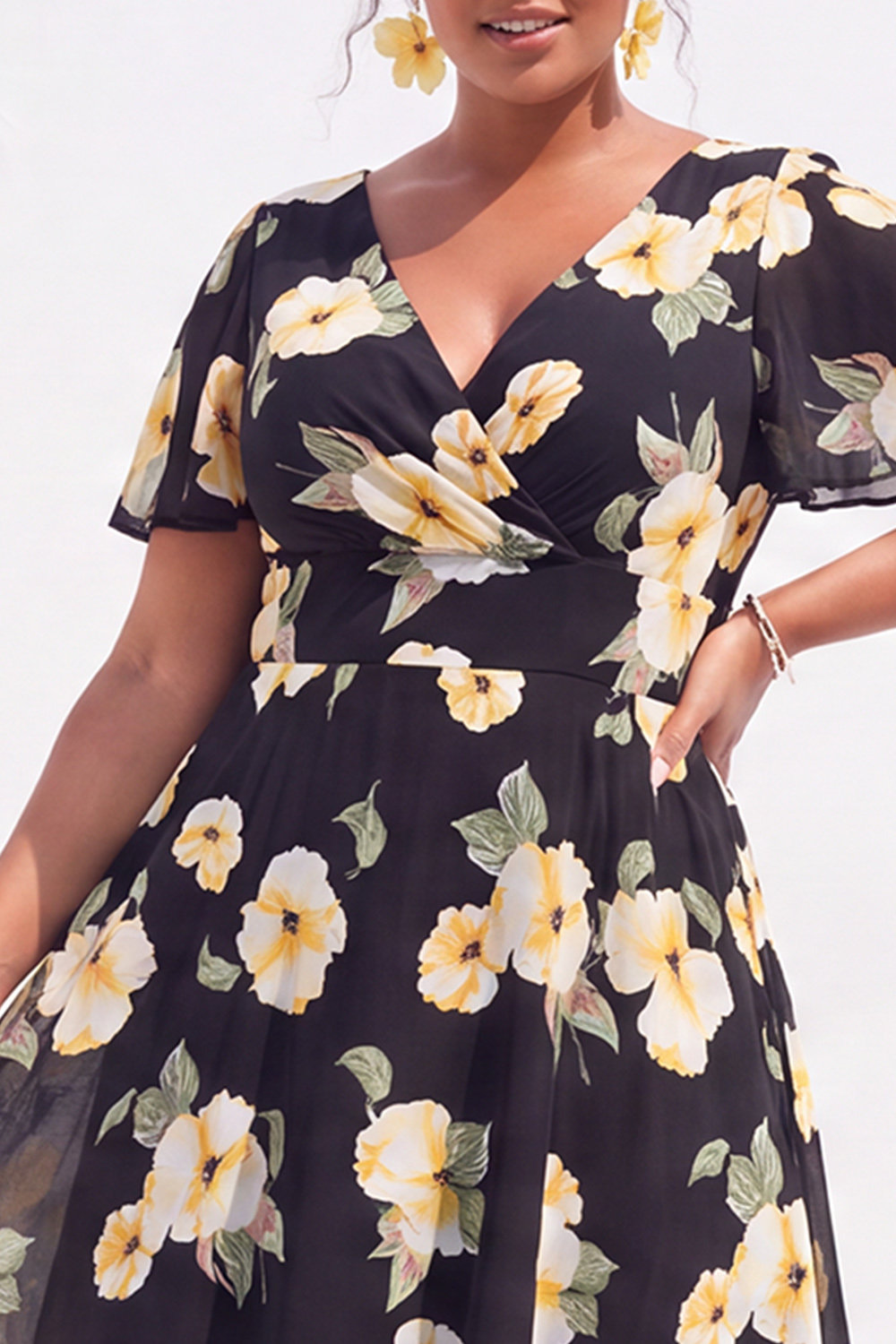 Plus Size Black Pink Flower A Line V Neck Maxi Dress