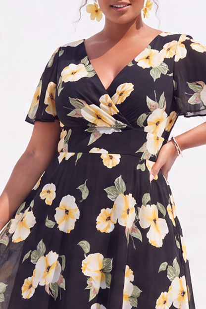 Plus Size Black Pink Flower A Line V Neck Maxi Dress