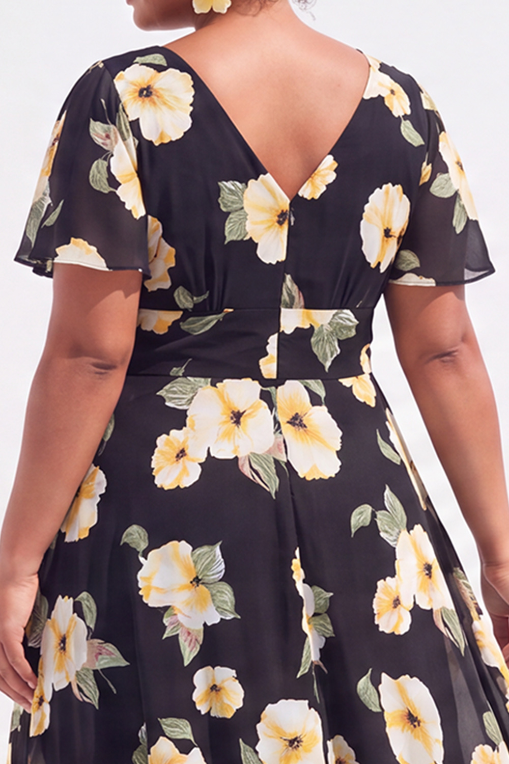 Plus Size Black Pink Flower A Line V Neck Maxi Dress