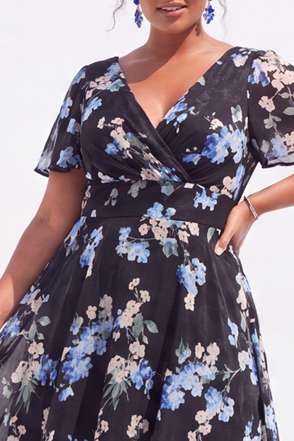 Plus Size Black Pink Flower A Line V Neck Maxi Dress