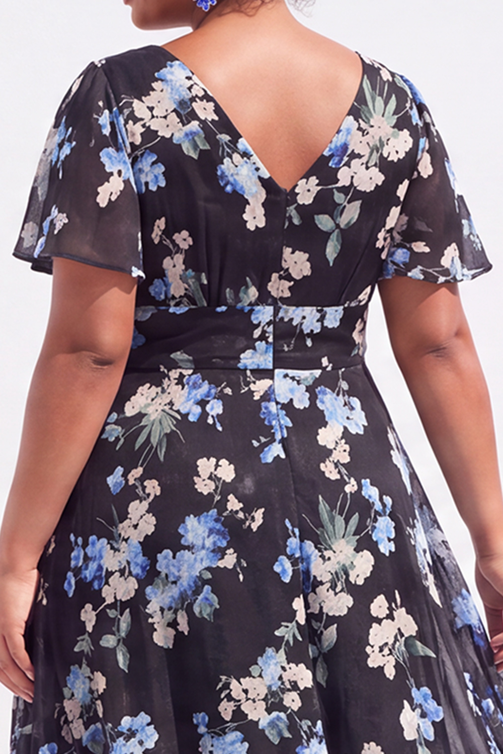 Plus Size Black Pink Flower A Line V Neck Maxi Dress
