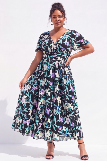 Plus Size Black Pink Flower A Line V Neck Maxi Dress