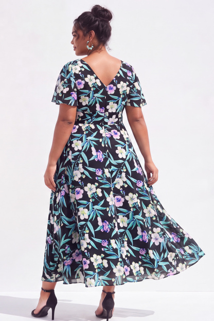 Plus Size Black Pink Flower A Line V Neck Maxi Dress