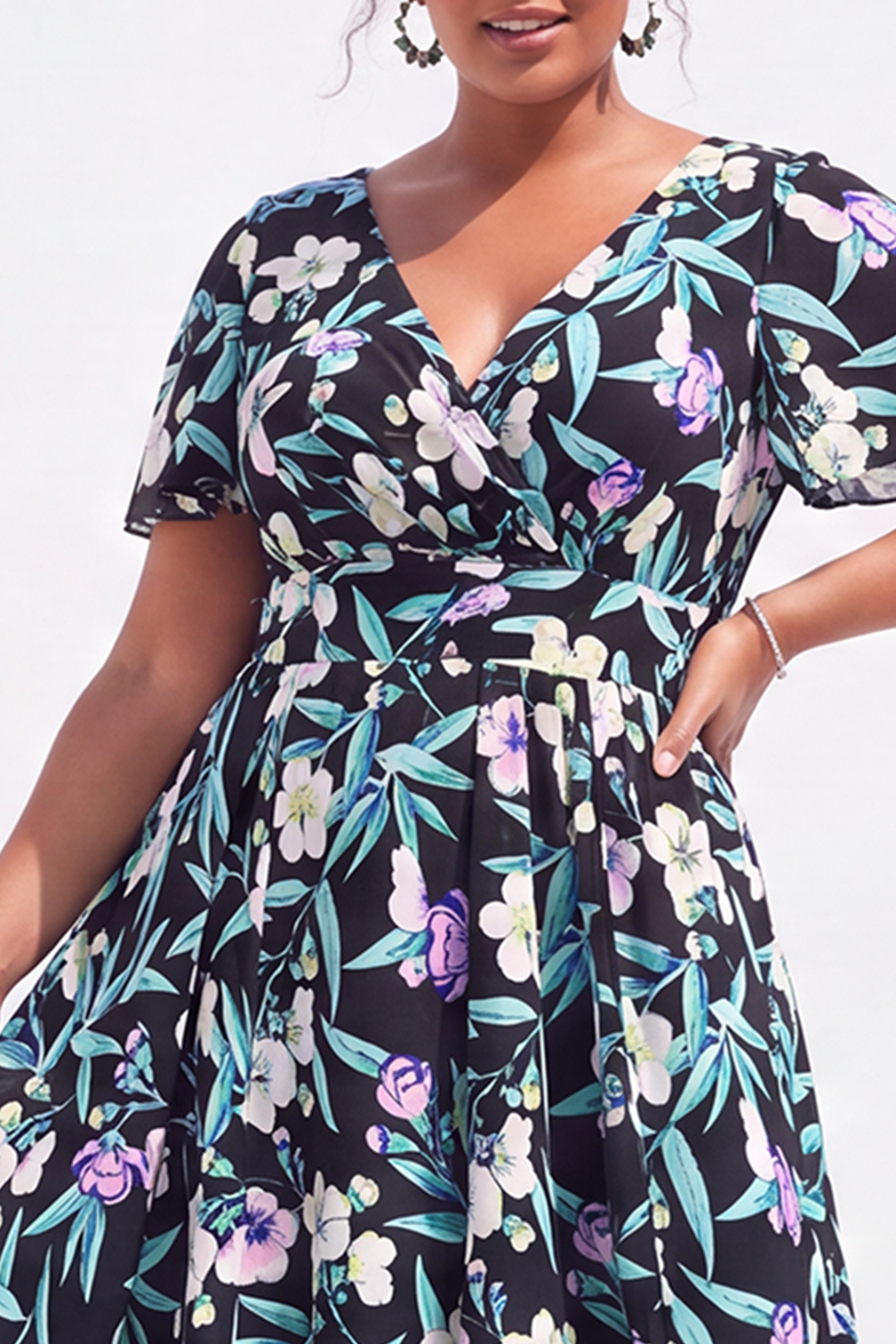 Plus Size Black Pink Flower A Line V Neck Maxi Dress