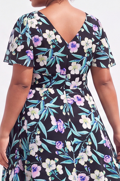 Plus Size Black Pink Flower A Line V Neck Maxi Dress