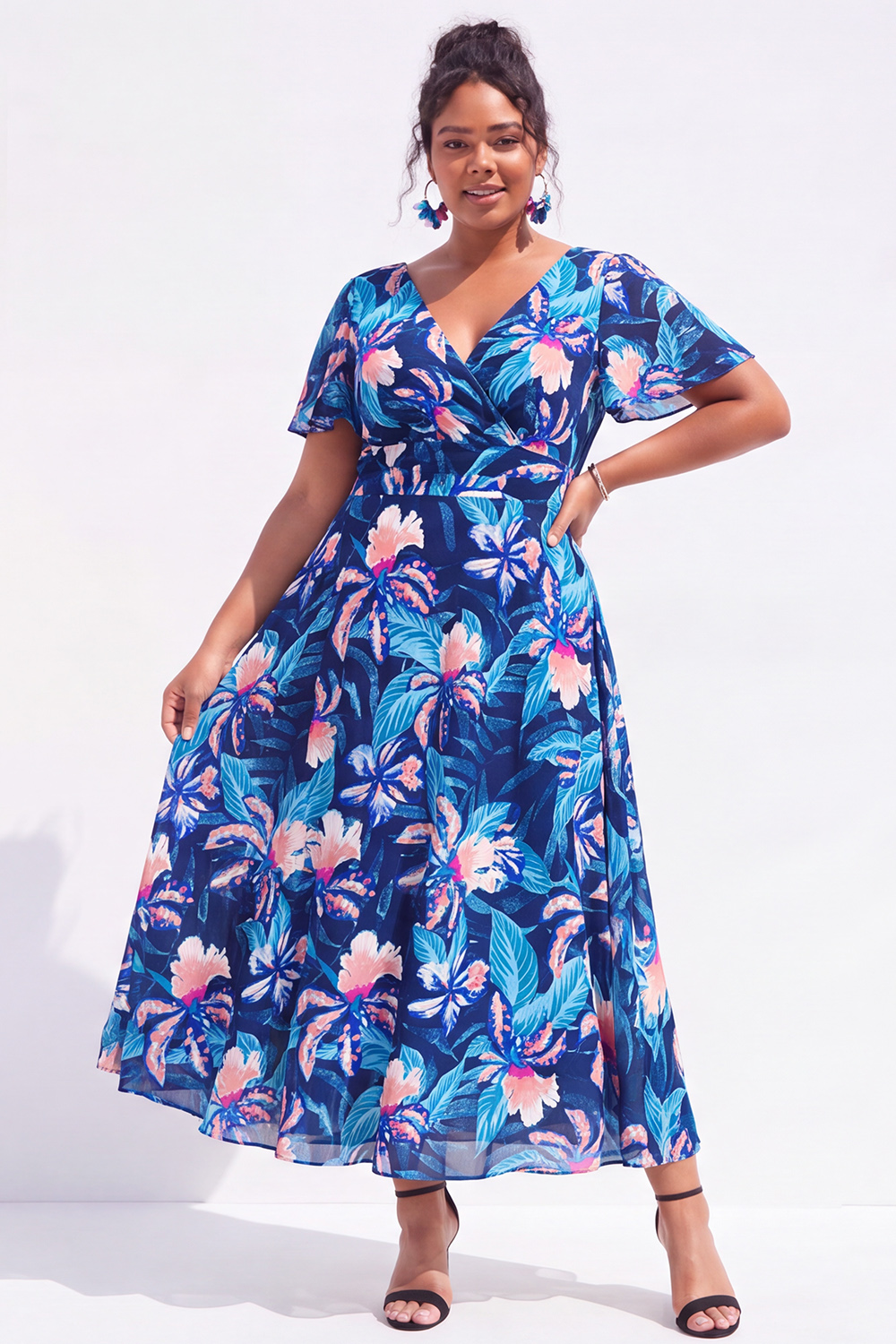 Plus Size Black Pink Flower A Line V Neck Maxi Dress