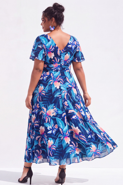 Plus Size Black Pink Flower A Line V Neck Maxi Dress